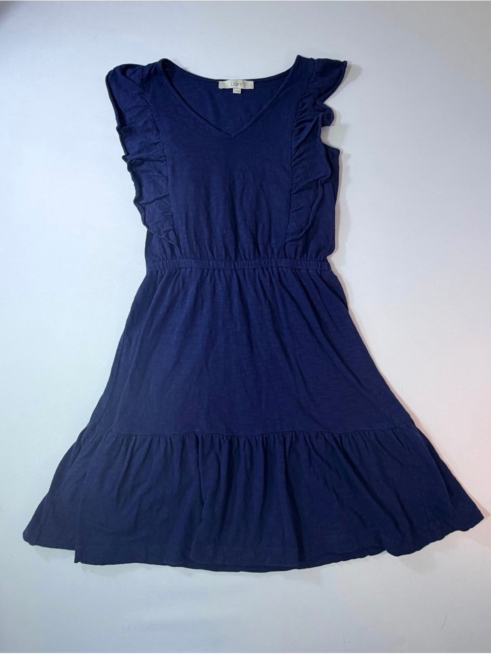 Loft Women Ruffle Dress Knee Length Tank V-Neck Coastal Navy Sz Small